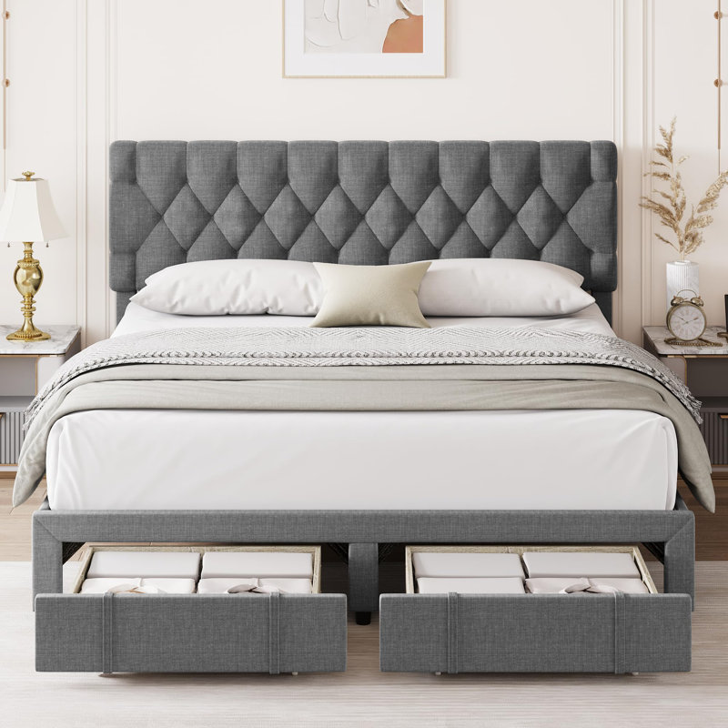 Bed Frame With 2 Storage Drawers, Upholstered Platform Bed Frame, King, Gray