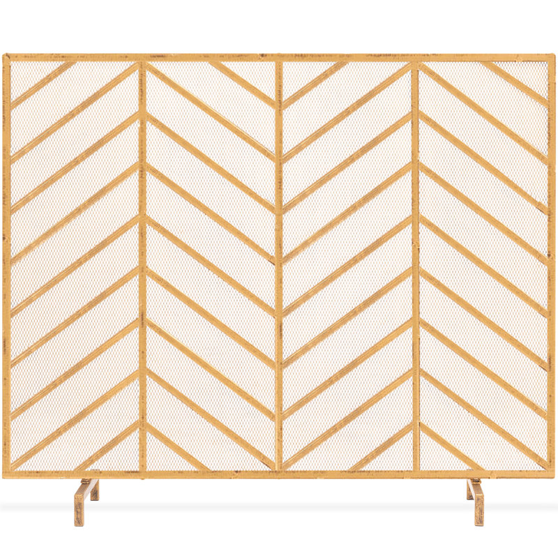 Antique Gold Chevron Iron Mesh Single Panel Fireplace Screen