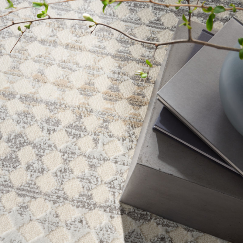 Geometric Machine Made Power Loomed Polyester Area Rug in Cream, Rectangle 8' x 10'