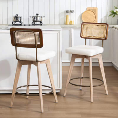 Winston Swivel Upholstered 26.2'' Counter Stool with Rattan Cane Back and Solid Wood Frame