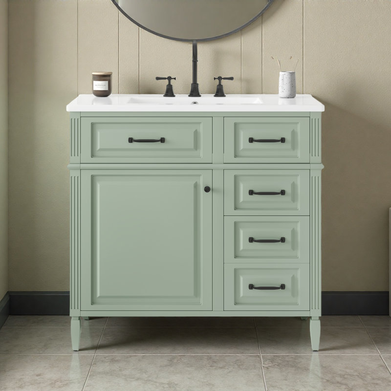 Meuble-lavabo de 36 pouces avec comptoir en céramique, structure en bois massif et armoire en panneau de fibres à densité moyenne, tiroir rabattable avec tablette réglable et poignées en métal