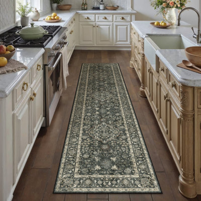 Elora Machine Washable Floral Area Rug With Non-Slip Backing in Black