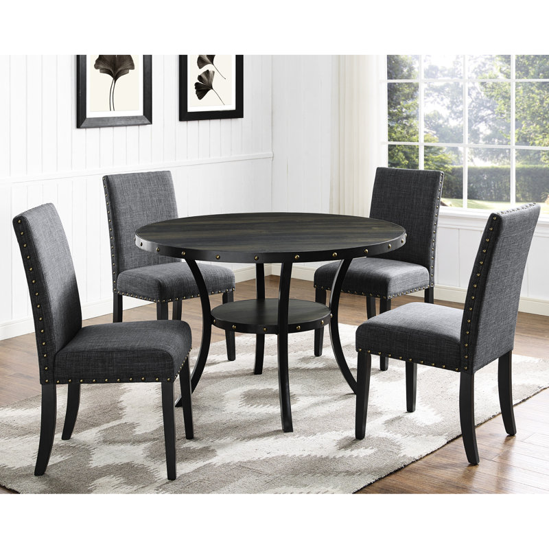 Ensemble de 2 chaises de salle à manger en tissu gris - Structure robuste en bois massif, hauteur du siège 49 cm, profondeur 65 cm, avec garniture cloutée, revêtement résistant en lin et coton.