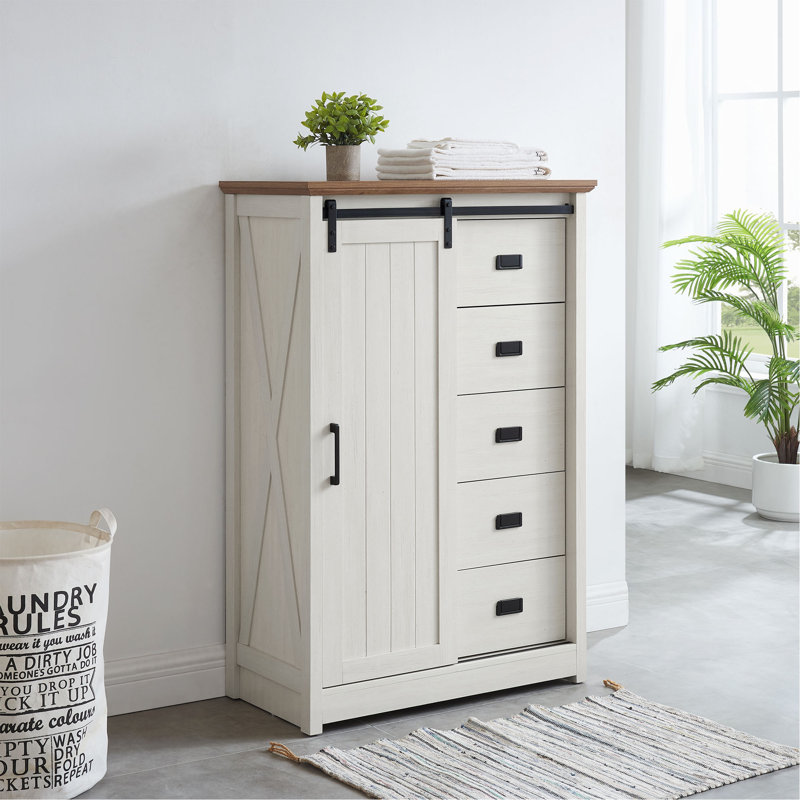 Commode de ferme Daneal avec 5 tiroirs, porte de grange coulissante et tablettes réglables, Blanc