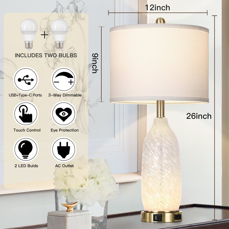 Lampes de table 26 "en verre côtier USB avec contrôle tactile et veilleuse 26", Blanc