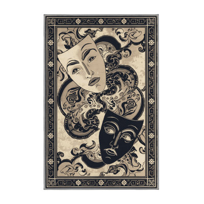Machine Washable Orfelinda Comedy Tragedy Masks Classic Oriental Rug in Black – Gray Binding