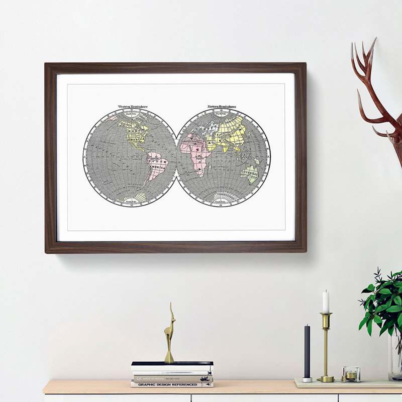 World Map Illustration - Framed Print, 27cm H x 36cm W x 2cm D, Walnut Framed