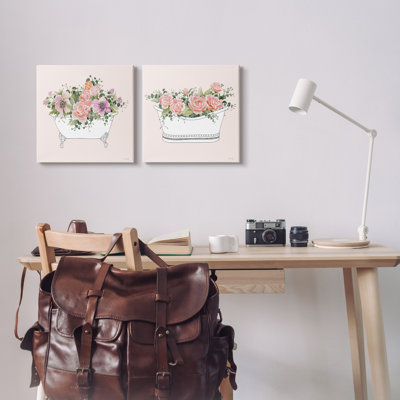 «Pink Floral Rose Blooms Bathaign Bath botanicals», ensemble de 2 impressions sur toile tendue
