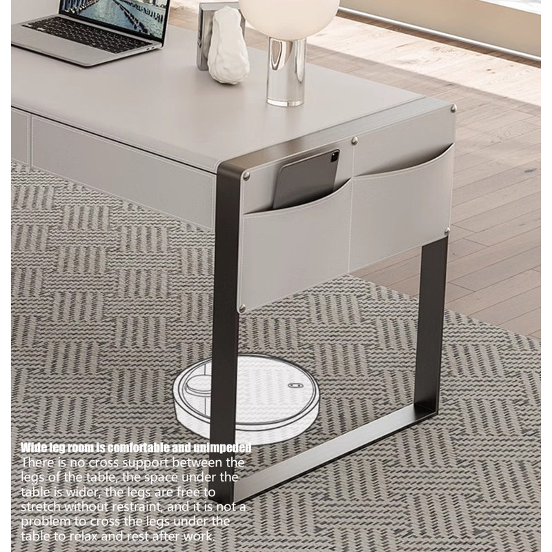 Solid Wood Saddle Leather White Office Desk, 29.53" H x 62.99" W x 23.62" D