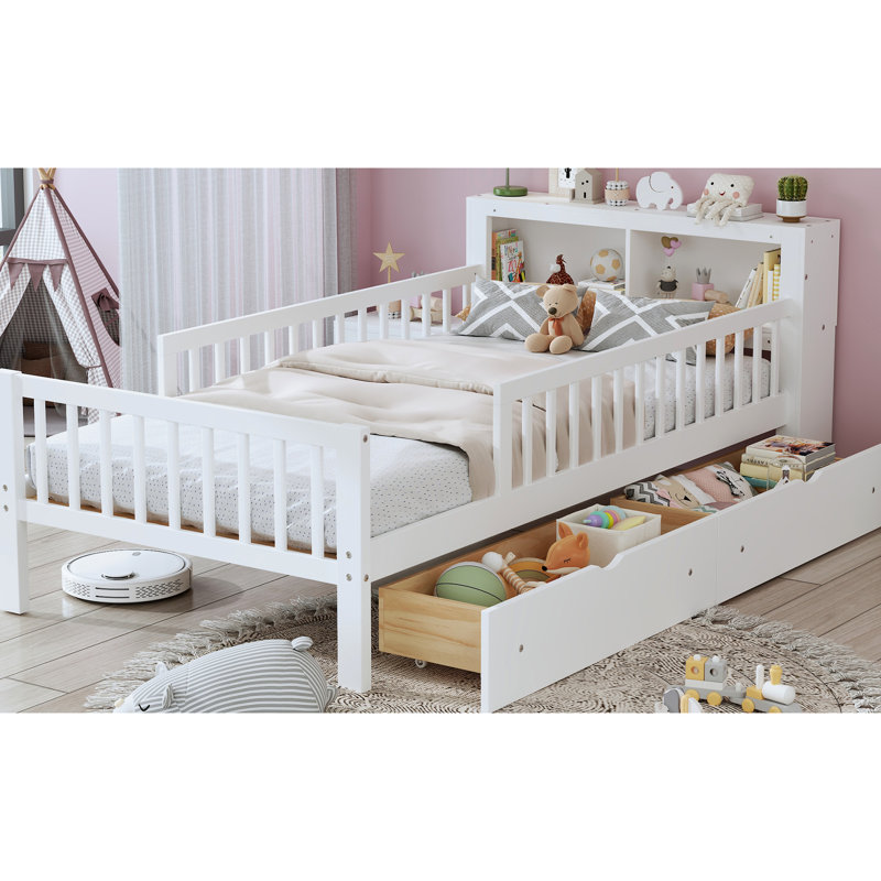 Lit simple blanc avec rangement pour tête de lit et garde-corps - Cadre spacieux spacieux de conception moderne avec tiroir