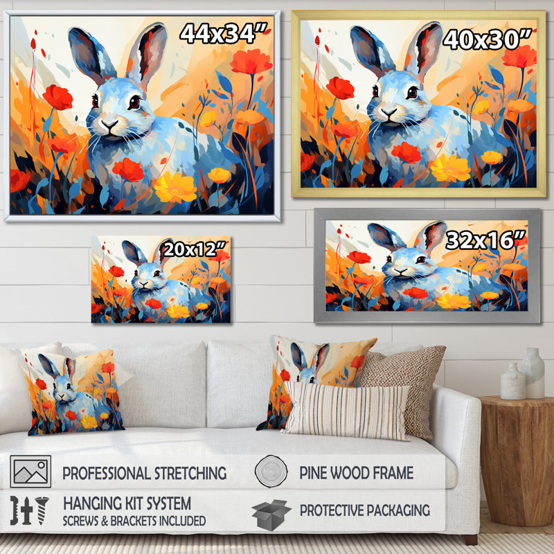 «Blue Rabbit Flower Meadows - Lapin», art mural, Toile tendue, H 34 po x l 44 po x P 1,5 po