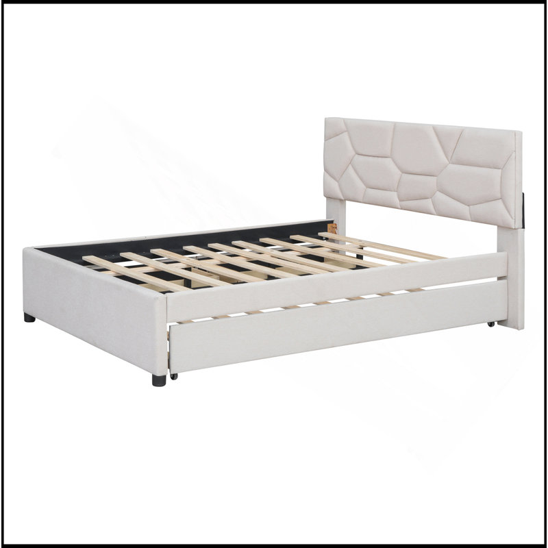 Lit plateforme tapissier avec tête de lit à motif brique, avec gigogne et 2 tiroirs, tissu en lin, Lit double, Beige
