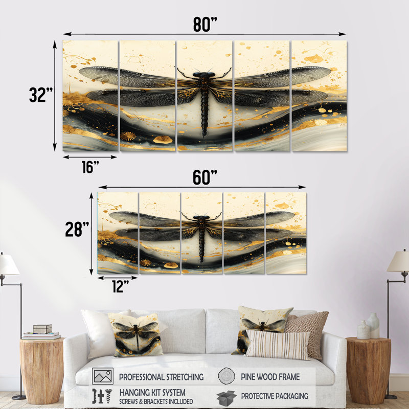 Mouche de dragon doré vol d'élégance - Art mural libellule animal - Art mural moderne, H 28 po x l 60 po
