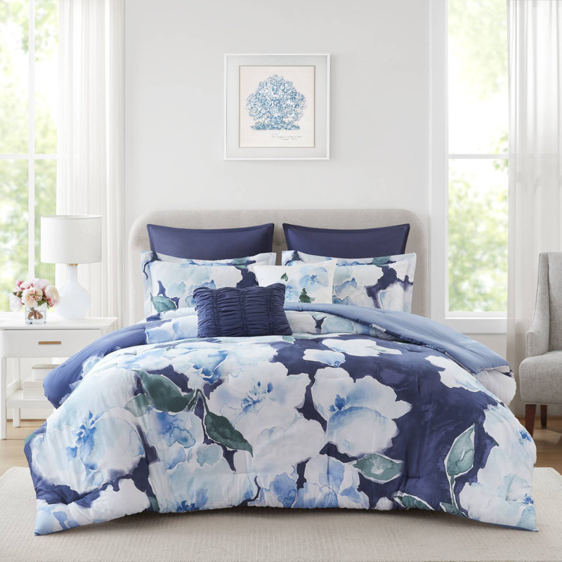 Shanti Cotton Floral 7-Pc Comforter Set, Blue, Queen