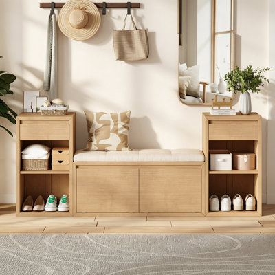  Modern All-In-One Solid Wood Entryway Shoe Storage Bench With Cushion Compartments Drawers and Open Shelves