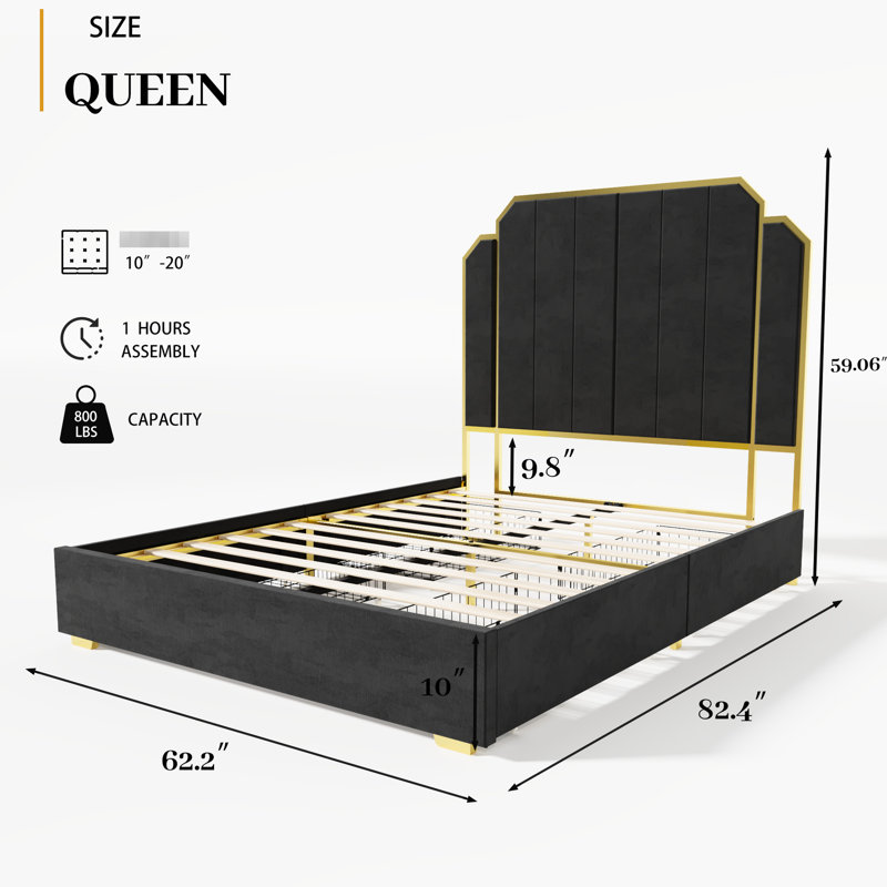 Grand lit plateforme moderne - revêtu de velours avec cadre doré, tissu, garniture de tête de lit 59 po, sans sommier, fabrication en métal, noir