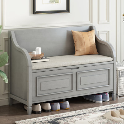 Rustic Solid Wood Entryway Storage Bench with Safety Hinge and Beige Cushion
