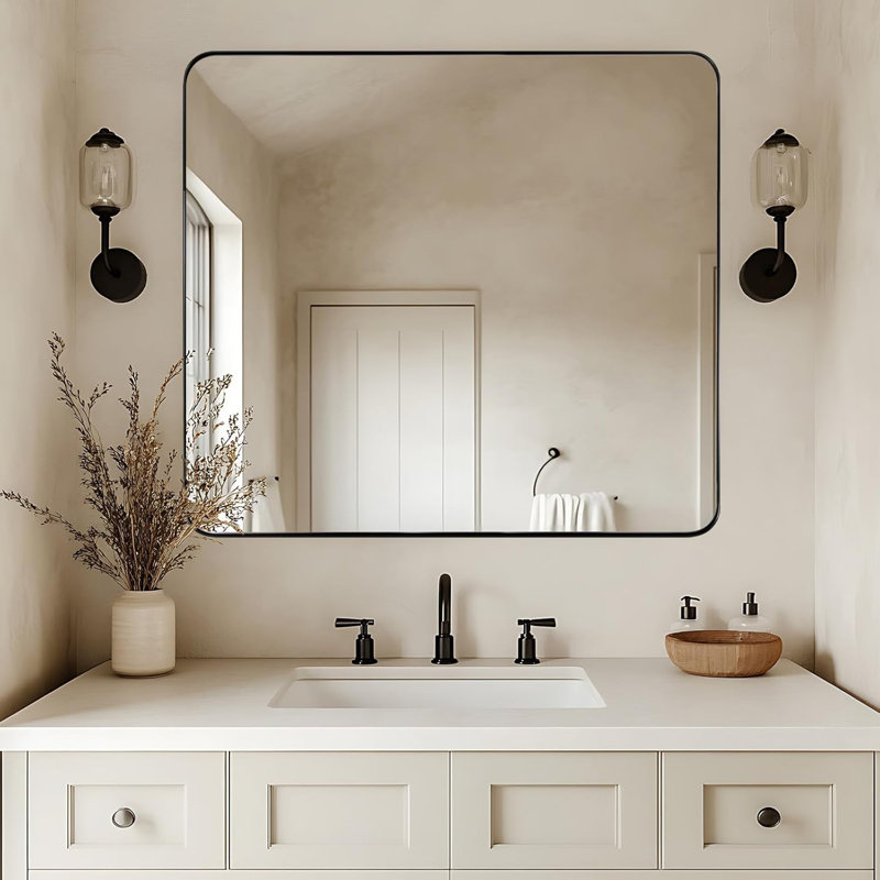 Miroir de salle de bain Inse Cadre en acier inoxydable, Noir mat, 40 po x 36 po