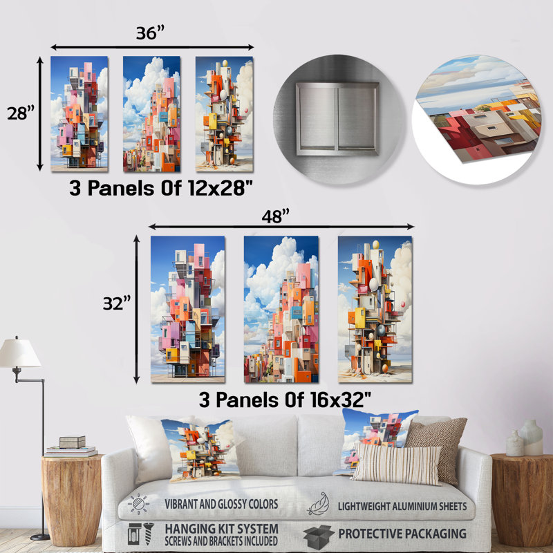 Cubo Condo Tower In Style Of De Stijl - Ensemble de 3 impressions sur hôtels et loges, H 28 po x l 36 po