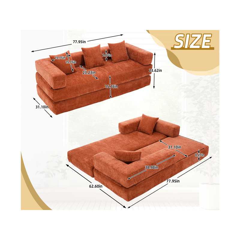 Canapé-lit convertible, canapé de plancher pliable sans assemblage, Orange