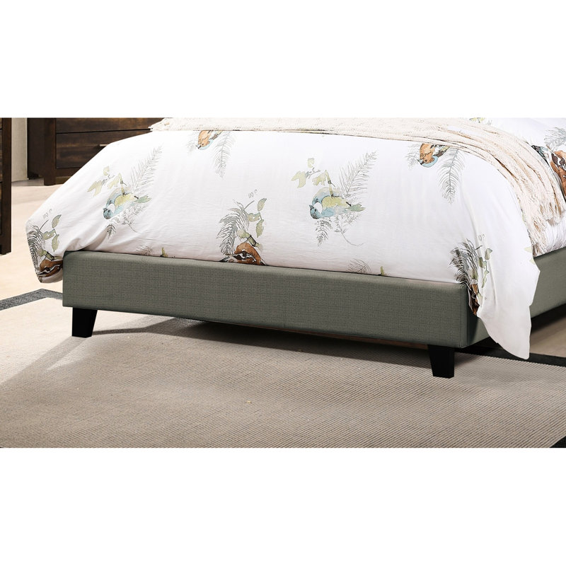 Lit double avec tête de lit tapissier, tissu gris, cadre en bois, arche de chambre à coucher moderne et construction stable pour un style contemporain