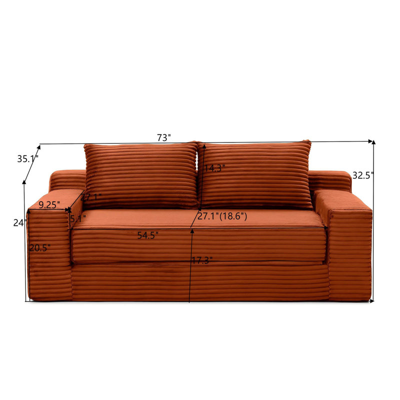 2-Seats Convertible Floor Sofa Bed With Storage Pocket, 3D Folding Mattress Sofa, Orange, 32.53" H x 73.02" W x 35.12" D