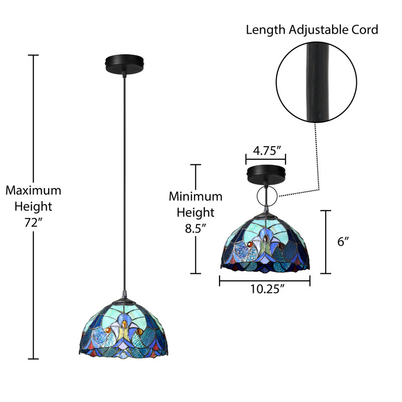 10.25"W Stained Glass Traditional Dome Shade Pendant, Blue/Red/Green