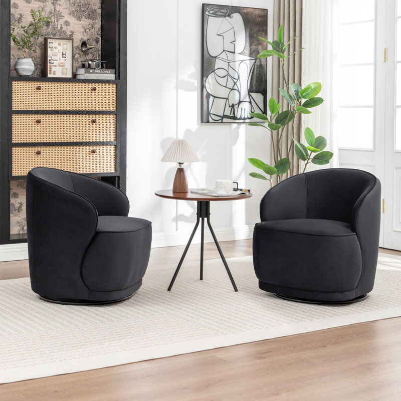 Fauteuil demi-tonneau pivotant en velours Stith, Velours noir