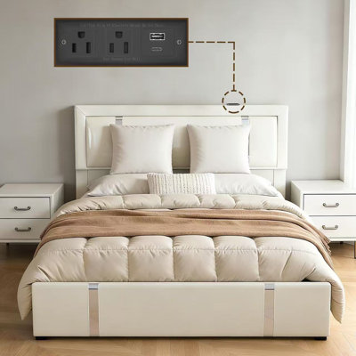 Base de lit grand format avec rangement pour lit escamotable avec tête de lit à DEL réglable, ports de charge USB-C, support hydraulique, lit plateforme tapissier en similicuir, support à lattes en métal, blanc