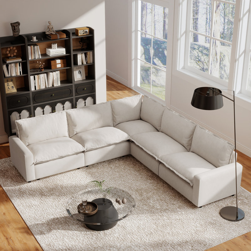 5-Piece Upholstered Modular Linen Fabric Sectional, Beige Linen