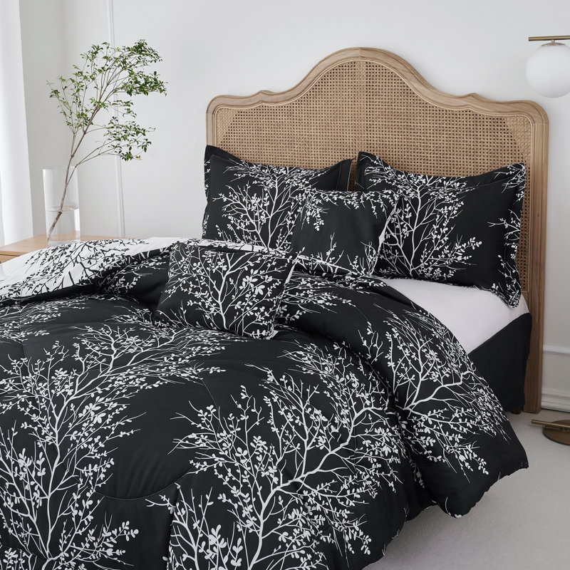 Foliage Reversible Comforter Set, Black/White, Twin Comforter Set + 4 Additional Pieces