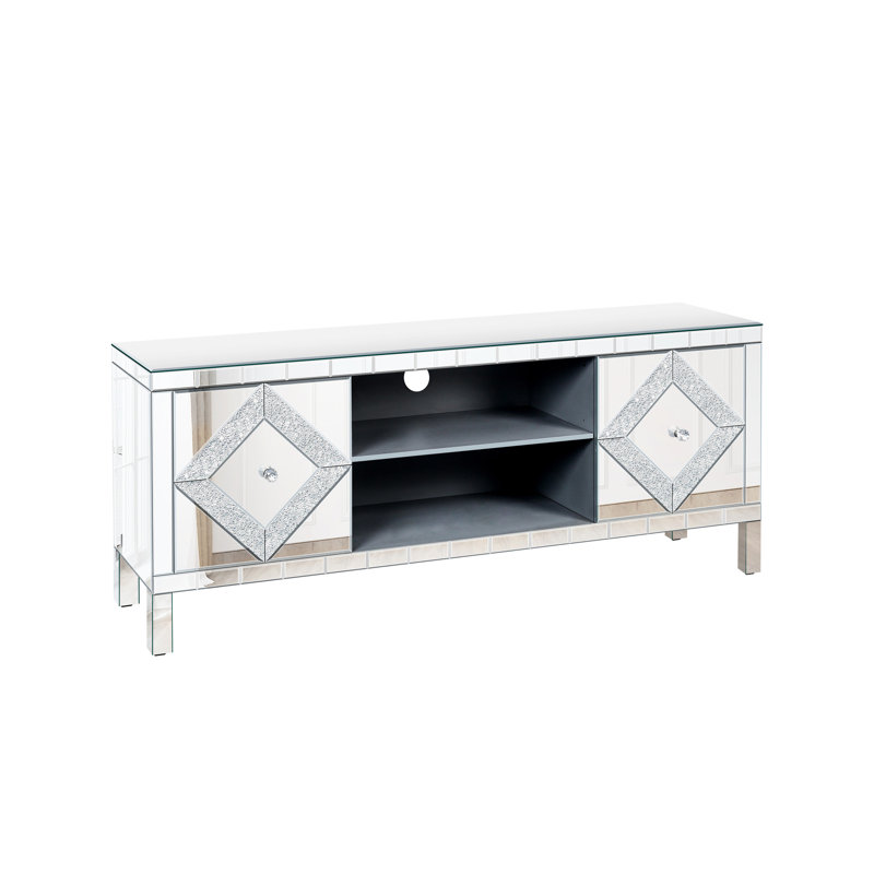Meuble télé moderne avec miroir pour téléviseurs de 65 pouces et plus, console argentée avec 2 espaces de rangement et tablette ouverte, téléviseur dans le salon, console à 2 armoires, élément