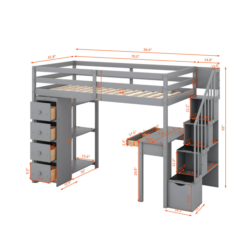 Twin Loft Bed With Drawers,Desk And Stairs, Gray