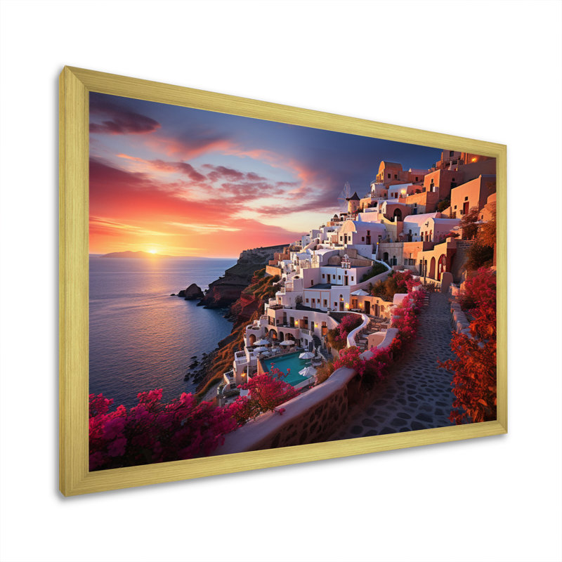 Grèce Oia Splendor IV sur toile, Encadrement doré, H 16 po x l 32 po x P 1 po