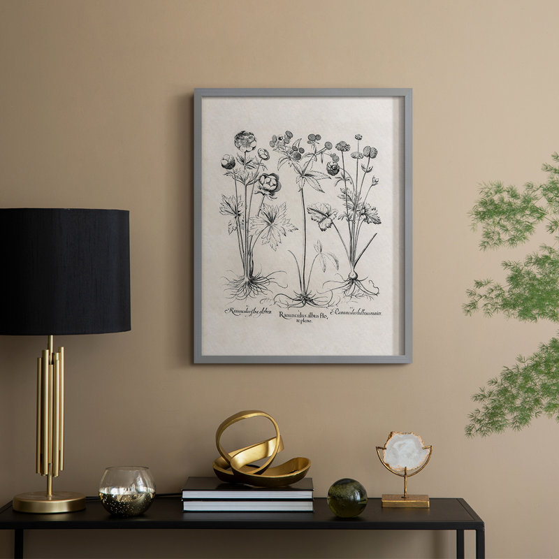 Reproduction florale rétro encadrée Cccxxv - bois massif, Gris, H 21 po x l 17 po