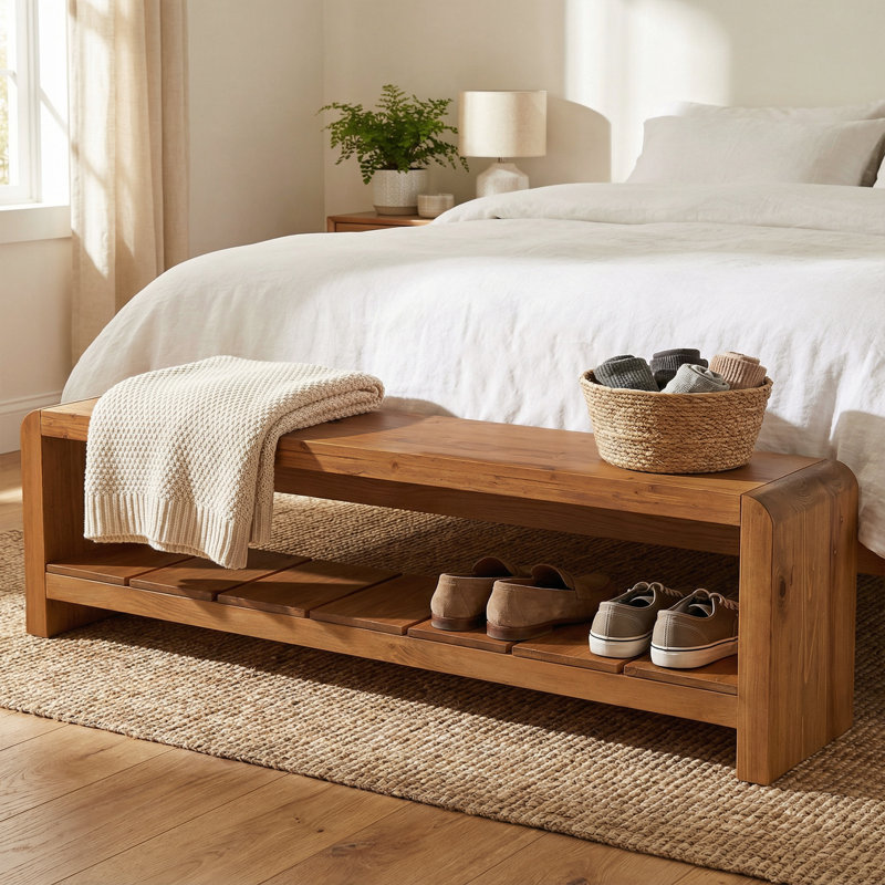 59" Solid Wood Bench, Entryway Shoe Bench With Storage, Brown