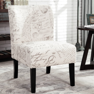 Chaise à imprimé lettres anglaises en mélange de blanc, sans accoudoirs, style contemporain, dossier et pieds amovibles, 54,7 cm (l) x 75,6 cm (p) x 84,2 cm (h), revêtement en tissu.
