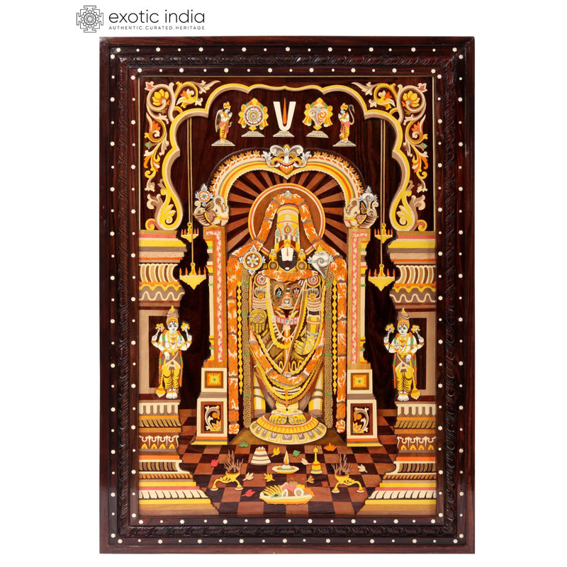 Handcrafted 36-Inch Tirupati Balaji 3D Mysore Rosewood Inlay Wall Panel