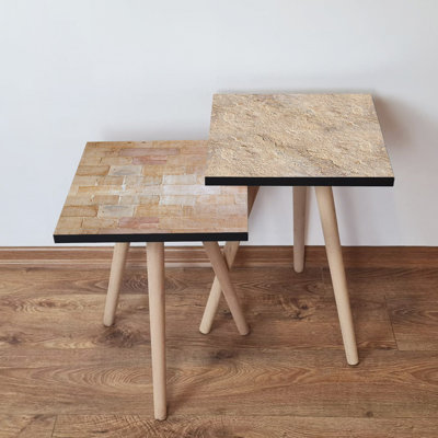 Modern Nesting Tables (2 Pieces), Beige & White, 13.8 x 18.5 x 13.8 inches | 100% MDF with Beech Wood Legs, Thickness: 0.7 inches | Stylish & Functional Design for Living Room, Office, & Home Décor