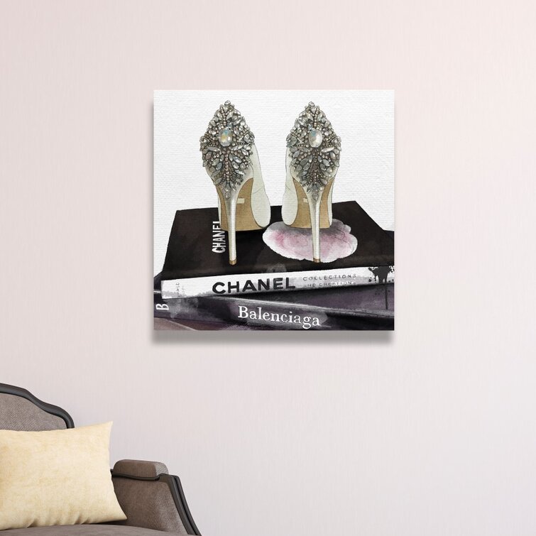 Stupell Industries Fashion High Heel Bookstack Glam Gold Zebra Print 36x36 XXL Stretched Canvas Wall Art