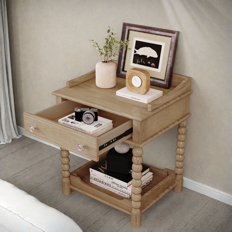 Retro Style Nightstand With 1 Drawer, An Open Shelf, Turned Legs And Metal Handles