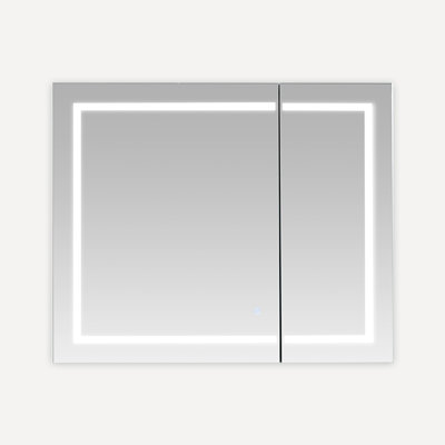 Armoire à pharmacie avec désembueur à DEL, l 36 po x H 30 po x P 5 po Aberdash, gradateur, miroir grossissant à DEL réglable 3X, prises électriques