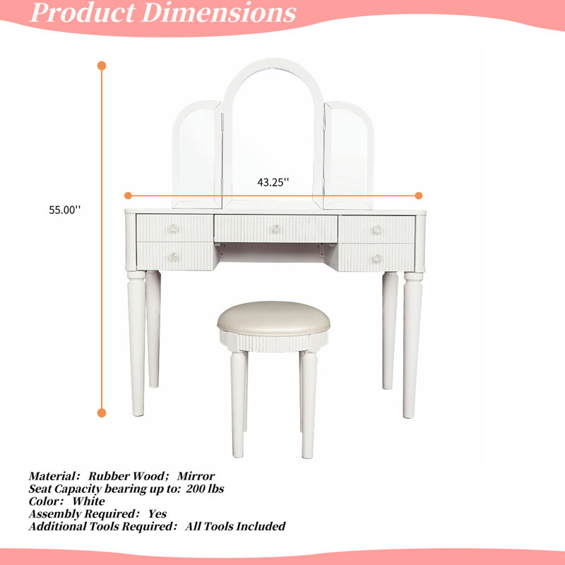 Ensemble de coiffeuse en miroir avec rangement spacieux et tabouret sans dossier, Blanc