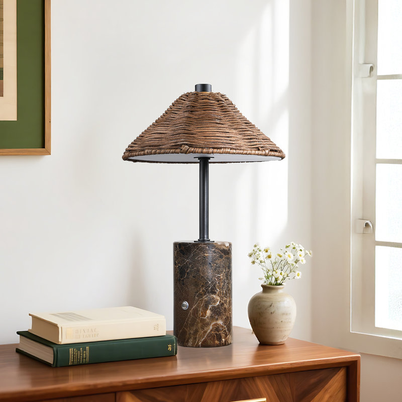 3600mAh Rechargeable Cordless Table Lamp, 3-Way Dimmable, Touch Control, Wicker Shade with Marble Base