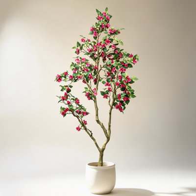 7FT Artificial Bougainvillea Tree Tall Faux Flower Plant - Realistic Rose Red Silk Blooms, Non-Removable 8.5in Elegant White Planter - Decorative Floor Tree Indoor Outdoor for Living Room Patio Home Decor