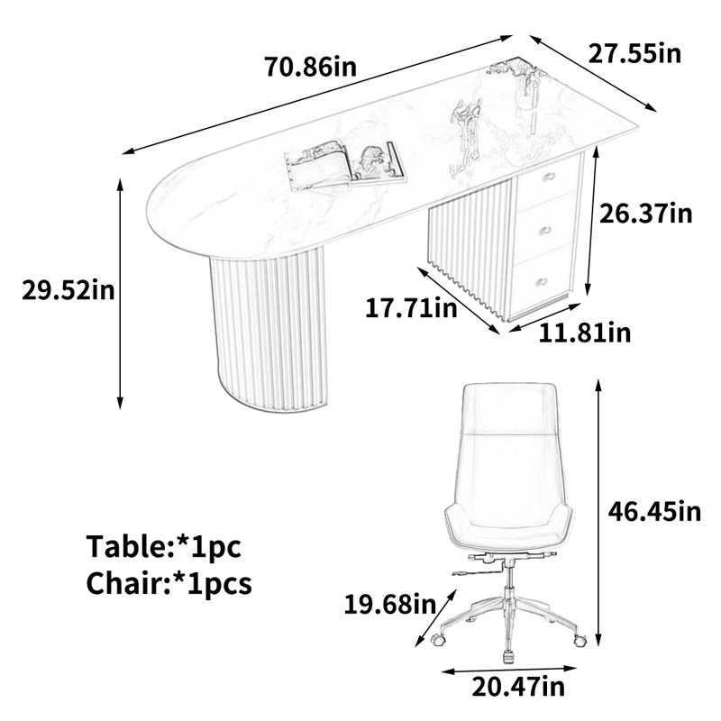Bureau élégant et stylé, H 29,52 po x l 70,86 po x P 27,55 po