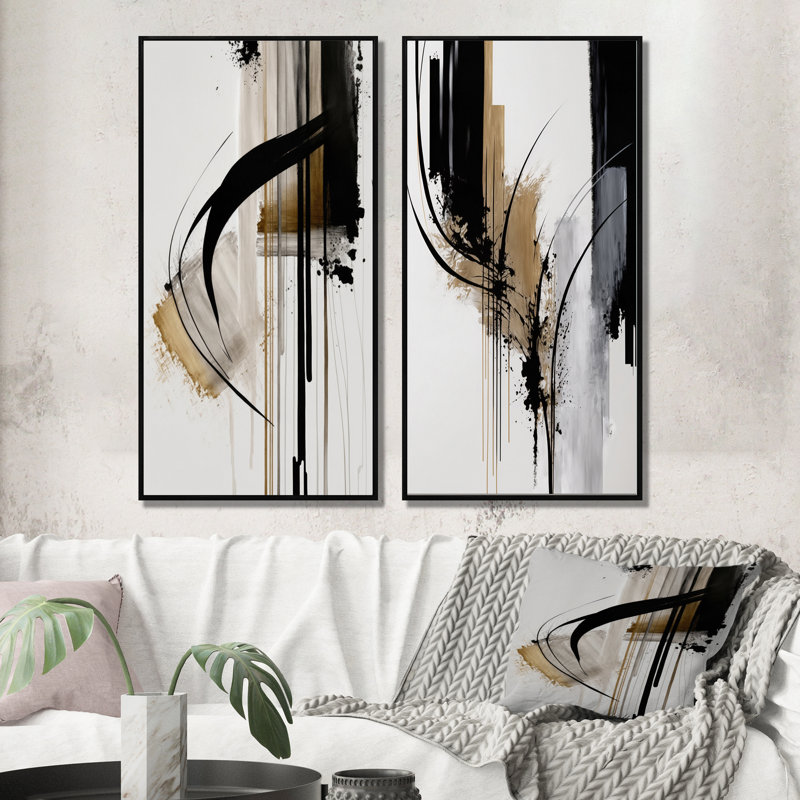 Noir, blanc et or Expression I - ensemble d'art mural abstrait de 2 pièces, Cadre noir, H 32 po x l 32 po