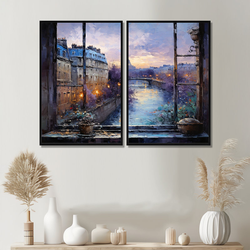 «Paris Window View Sunset - Paris Large Wall Art», Noir, H 36 po x l 48 po, Impression encadrée flottante