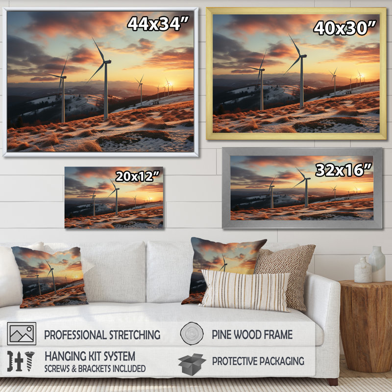 «Sunset Wind Turbines Mountain View II - Wind Turbines», art mural, Cadre flottant brun, H 12 po x l 20 po x P 1 po
