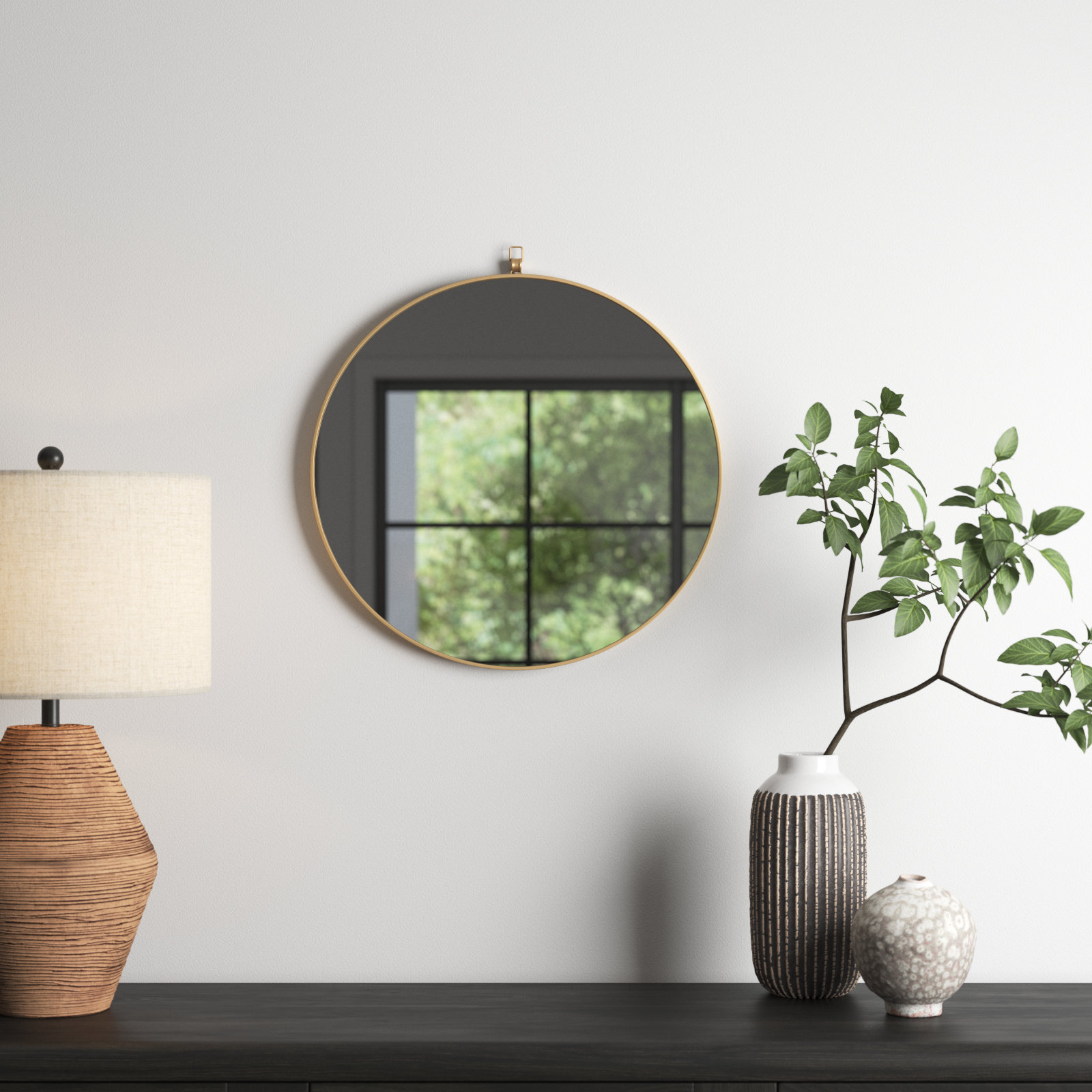 Cassie Metal/Manufactured Wood Round Wall Mirror, Brass, 21" x 21"